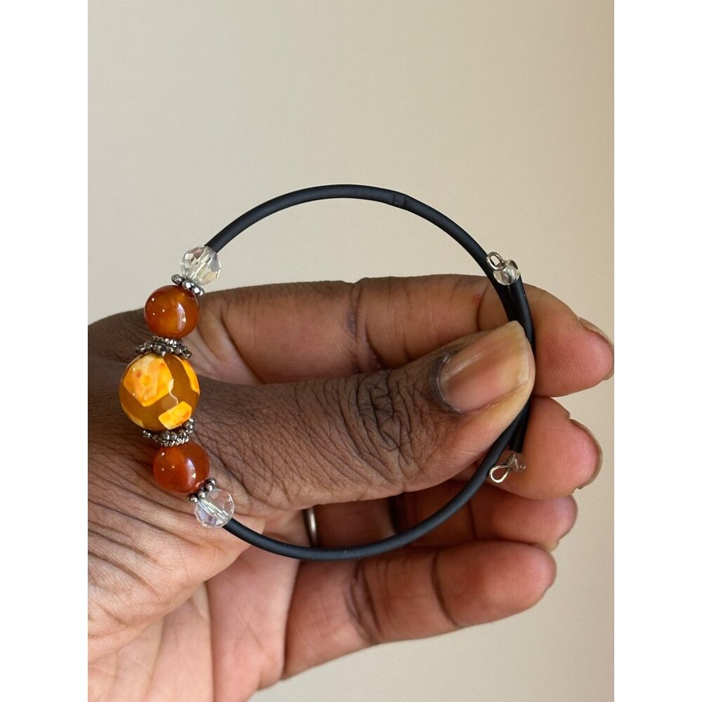 Handmade Amber Bracelet Glass Beads Crystal Accent Silver Tone Spacers Ajustable
